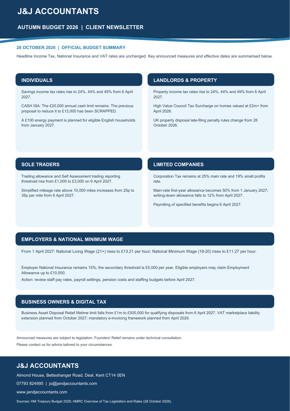 J&J Accountants Autumn Budget 2026 newsletter summarising measures for individuals, landlords, sole traders, companies and employers.