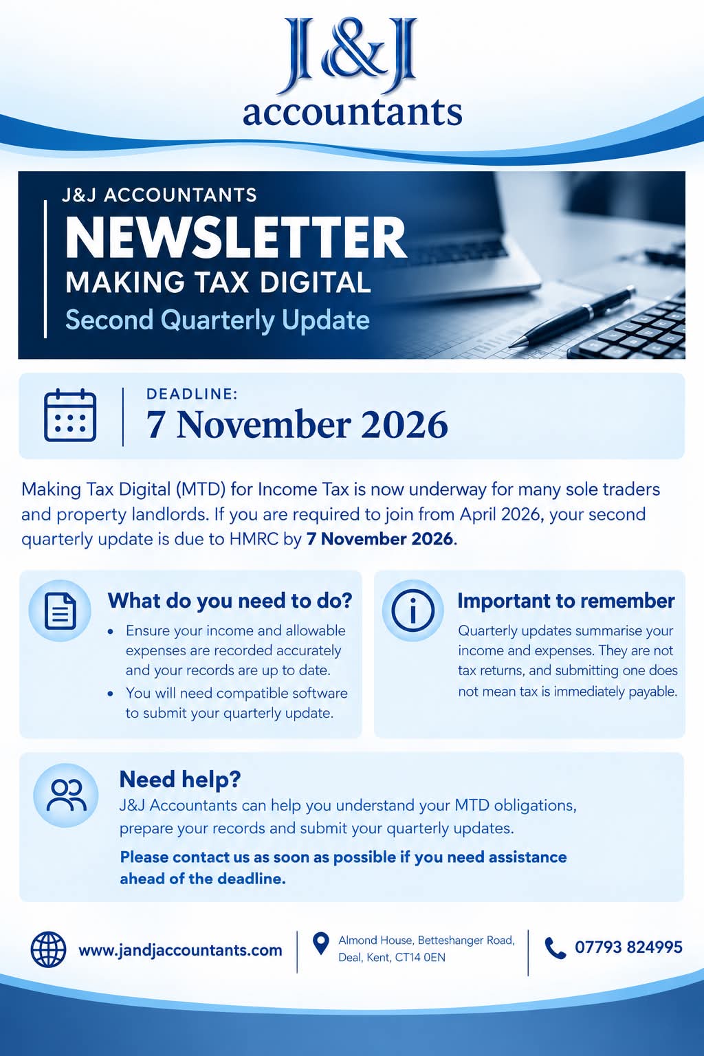 J&J Accountants Making Tax Digital newsletter with the second quarterly update deadline of 7 November 2026, record preparation reminders and contact details described above.