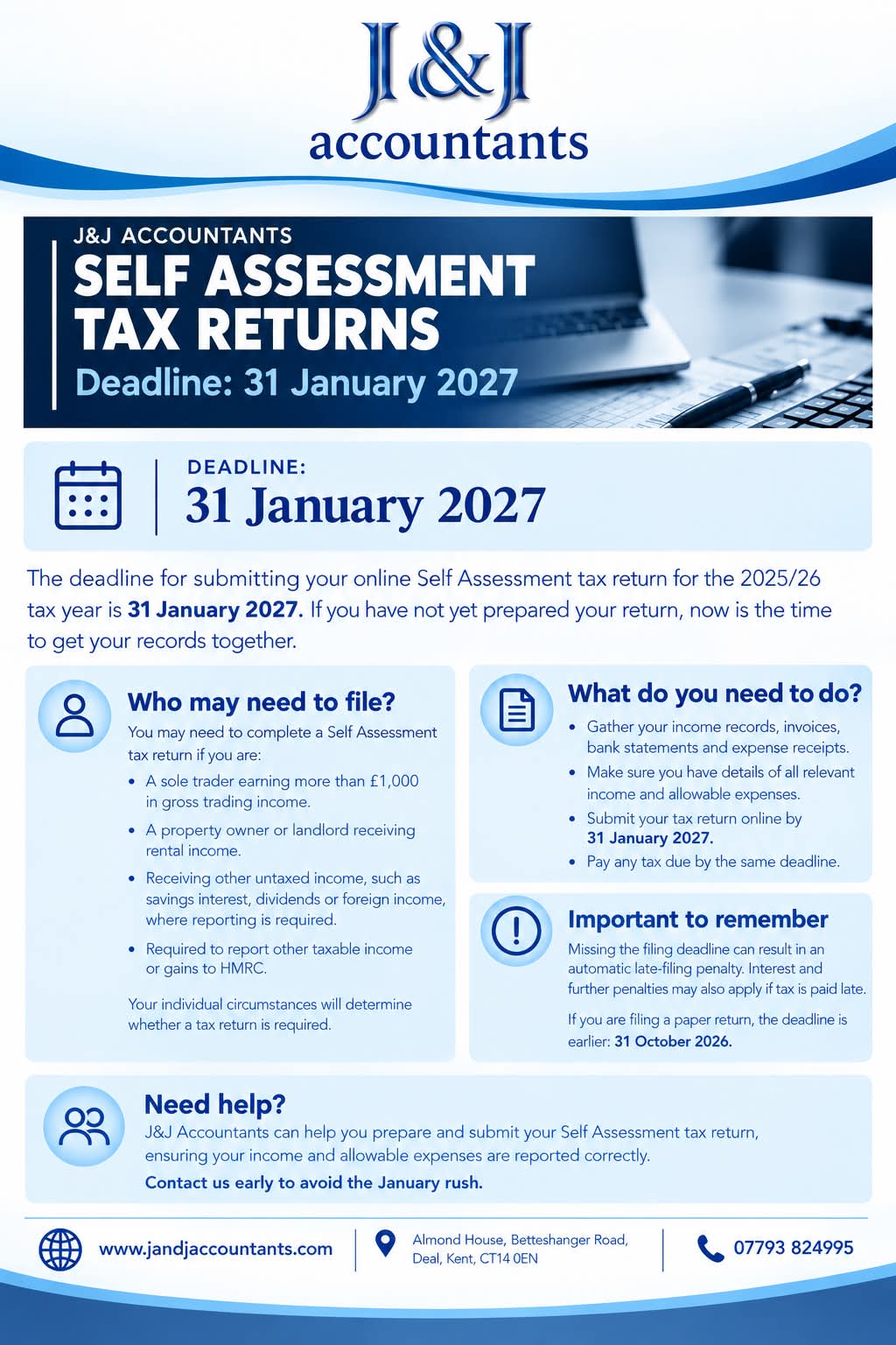 J&J Accountants Self Assessment reminder for 2025/26, with the 31 January 2027 online deadline, preparation checklist and contact details described above.