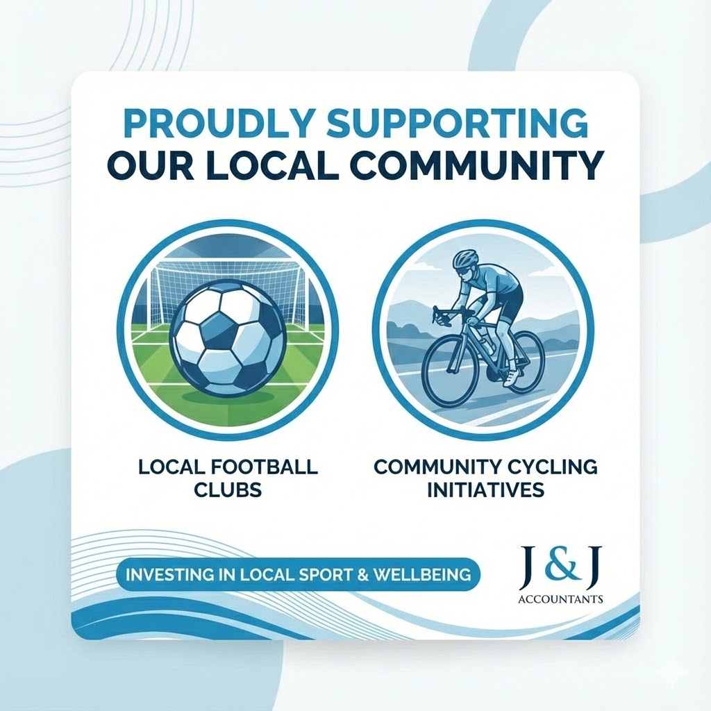 A square social media graphic for J & J Accountants with a blue and white color scheme. Large text at the top reads 'PROUDLY SUPPORTING OUR LOCAL COMMUNITY'. Below are two circular blue-tinted illustrations: the left shows a football on a pitch with a goal, labeled 'LOCAL FOOTBALL CLUBS'; the right shows a cyclist on a road, labeled 'COMMUNITY CYCLING INITIATIVES'. A blue banner at the bottom says 'INVESTING IN LOCAL SPORT & WELLBEING'. The J & J Accountants logo is in the bottom right corner.