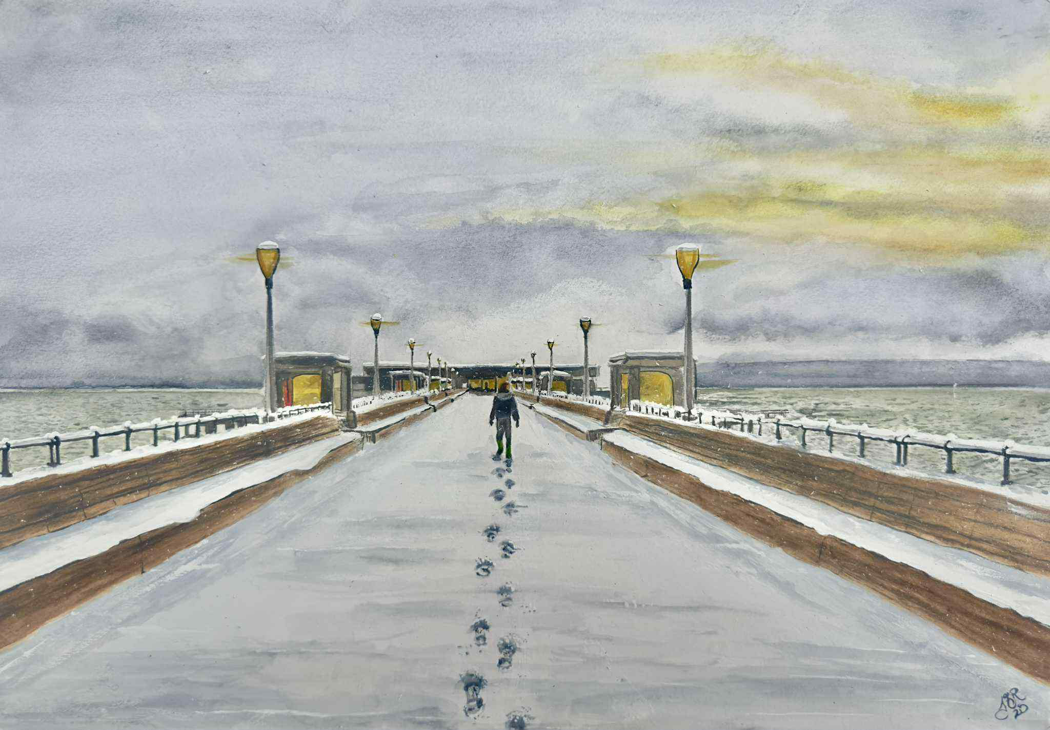 painting of deal pier with a person walking way to the end of the pier.